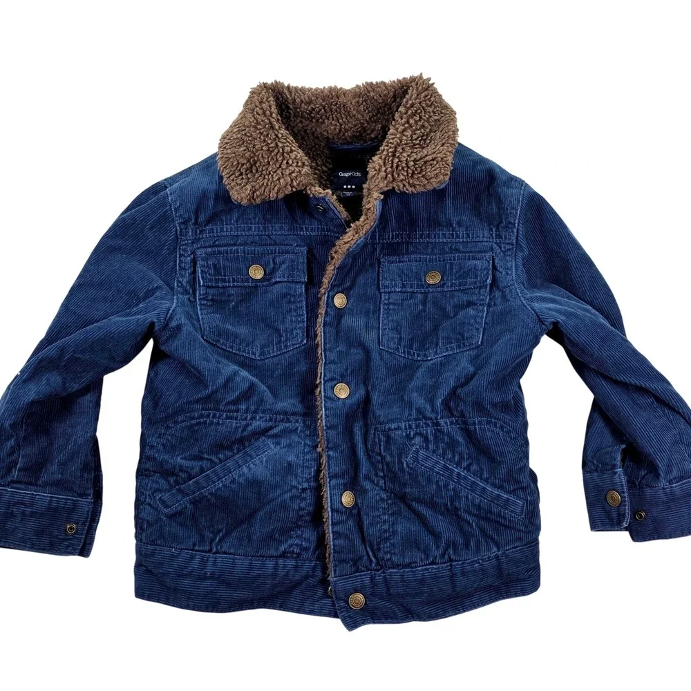GapKids Corduroy Sherpa Lined Trucker Jacket Navy Blue Brown Kids Size‎ XS
